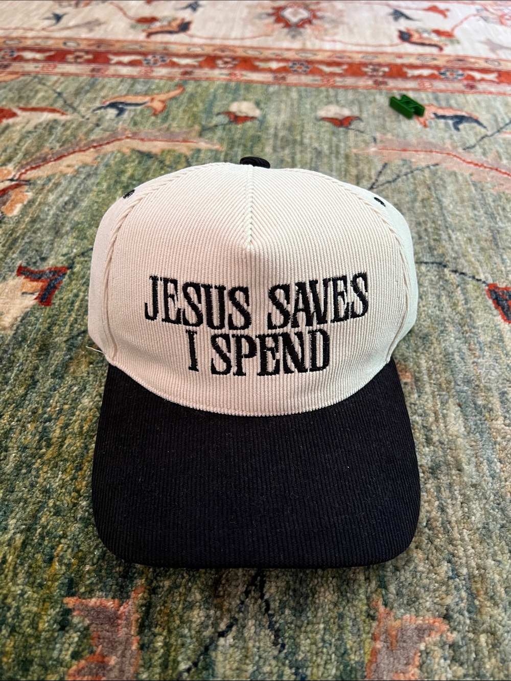 Two-Tone 'JESUS SAVES I SPEND' Baseball Cap - White & Black
